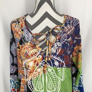 Man Xi Shang Multi Floral Lightweight Summer Mod Mini Dress Long Sleeve Tunic XL